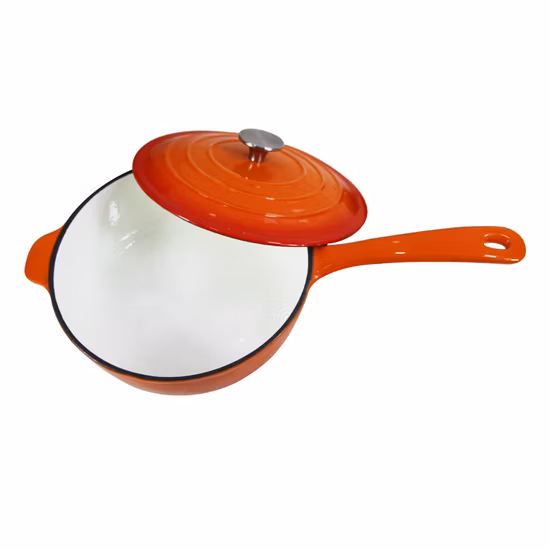 Оранжевая чугунная эмалированная кастрюля Cookwin на 4 кварты с ручкой из нержавеющей стали.